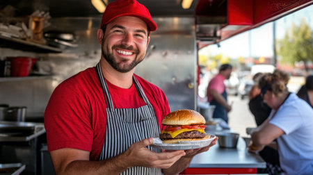 A happy food vendor presents a delicious cheeseburger in a vibrant food truck, capturing the essence of casual dining and culinary delight in a bustling outdoor setting.の素材