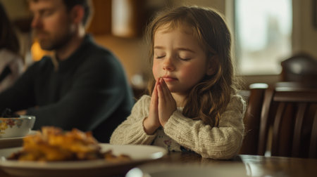 A young girl sits at a family table with eyes closed and hands in prayer, creating a heartfelt moment of gratitude and connection during a wholesome meal.の素材