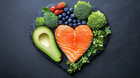 Explore a vibrant heart-shaped platter filled with fresh salmon, creamy avocado, leafy greens, and juicy berries, promoting healthy eating and wellness.の素材