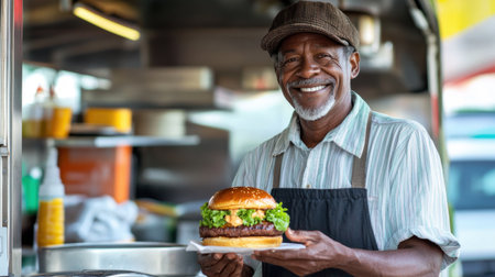 A cheerful elderly man proudly presents a mouthwatering burger from his food truck, highlighting the joy of cooking and serving delicious food in a vibrant outdoor setting.の素材