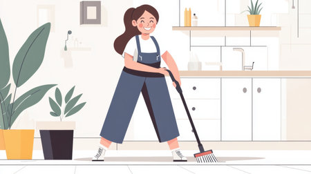 A cheerful young woman enthusiastically cleans her kitchen floor with a broom, showcasing a bright and modern home environment with indoor plants and a tidy space.の素材