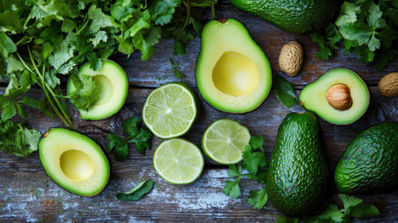 A beautiful arrangement of fresh avocados, limes, and cilantro on a rustic wooden table highlights vibrant colors and encourages healthy culinary creativity.の素材
