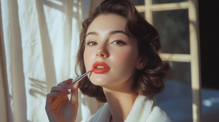 A poised young woman applies lipstick thoughtfully, radiating confidence and elegance in a beautifully lit interior space, capturing the essence of beauty and self-care.の素材