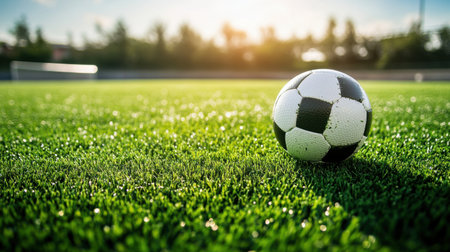 A captivating close-up of a wet soccer ball resting on a vibrant green field captures the essence of sport and outdoor activity during golden hour lighting.の素材