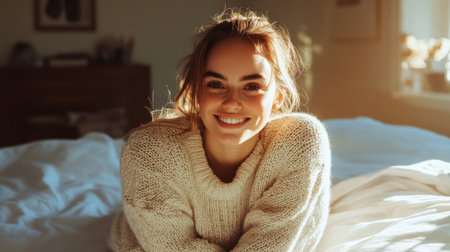 A cheerful young woman in a soft sweater smiles warmly while enjoying sunlight in a cozy bedroom, capturing a sense of comfort and happiness in a serene atmosphere.の素材
