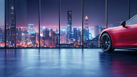 A luxurious sports car is parked near expansive windows, offering a breathtaking view of a vibrant city skyline at night, highlighted by dazzling urban lights.の素材