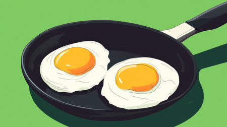 This image features two sunny-side-up eggs cooked in a black frying pan, set against a lively green background, ideal for food or cooking themes.の素材
