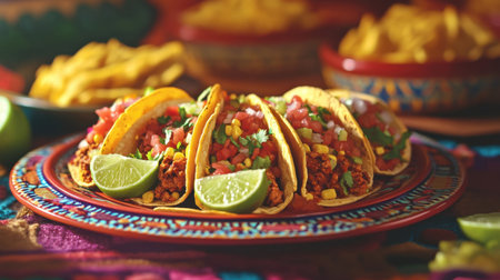 Experience the vibrant flavors of Mexican cuisine with these fresh tacos, garnished with lime and herbs, perfect for any meal or gathering.の素材