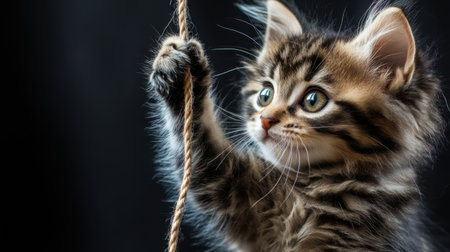 A charming tabby kitten displays its playful spirit while curiously climbing a twine rope, showcasing its fluffy fur and bright green eyes against a dark background.の素材
