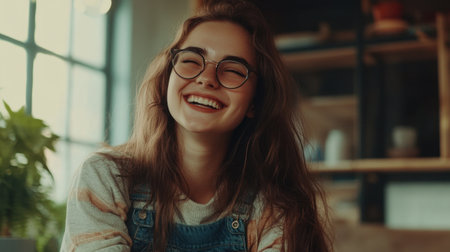 A cheerful young woman with glasses beams with joy in a cozy indoor space, showcasing her happiness in a warm and inviting atmosphere. Perfect for lifestyle concepts.の素材