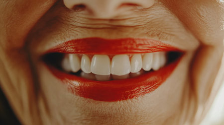 Close-up image capturing a cheerful smile adorned with vibrant red lipstick, showcasing healthy teeth and a fresh, inviting expression in warm natural light.の素材