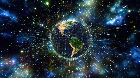 Stunning visual of Earth in the cosmos, showcasing a vibrant view of continents with stars and galaxies in the background, symbolizing adventure and exploration in space.の素材