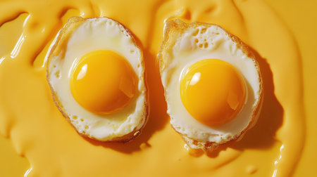 Bright and colorful image of freshly cracked eggs with rich golden yolks on a vibrant yellow surface, symbolizing freshness and the joy of preparing delicious meals.の素材