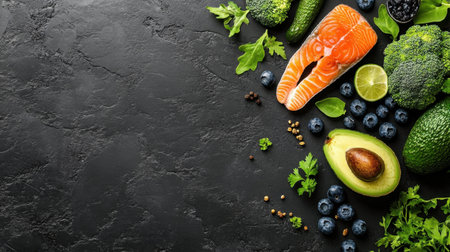 A vibrant arrangement of fresh ingredients including salmon, avocado, broccoli, and blueberries on a dark stone background, perfect for healthy meal inspiration.の素材
