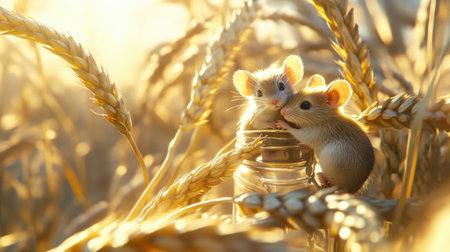 This charming image showcases two baby mice nestled together in a glass jar, surrounded by golden wheat, illuminated by warm sunset light, creating a serene and enchanting scene.の素材