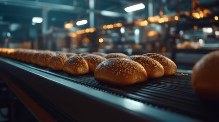 A close-up view of freshly baked bread rolls on a conveyor belt in a modern bakery, showcasing the warm glow and inviting atmosphere of the baking process.の素材