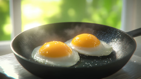 A close-up view of two perfectly fried eggs sizzling in a skillet. The vibrant yellow yolks and the inviting steam create a warm, cozy atmosphere, perfect for any breakfast setting.の素材
