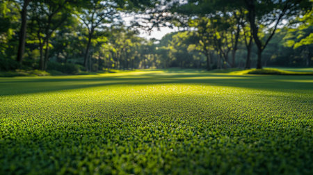 Experience the tranquility of a pristine golf course fairway bathed in morning light, surrounded by the beauty of nature and perfect for outdoor activities.の素材