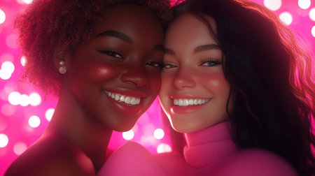 Two young women share a warm and joyful smile in this vibrant close-up portrait. The soft pink background enhances their expressions of friendship and celebration.の素材
