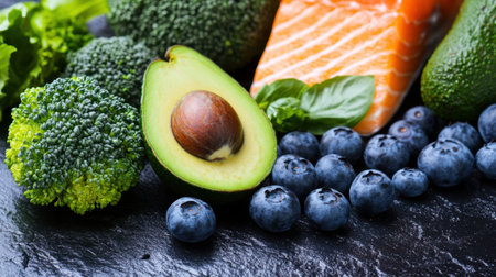 A vibrant composition featuring fresh avocado, blueberries, broccoli, and salmon on a slate surface, representing a healthy lifestyle and nutritious eating choices for balanced meals.の素材