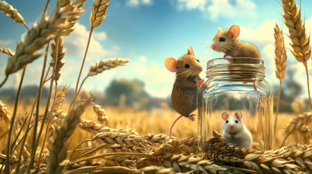 Three mice engage playfully with a glass jar in a wheat field. One mouse is inside the jar, while others explore, showcasing a delightful rural scene.の素材