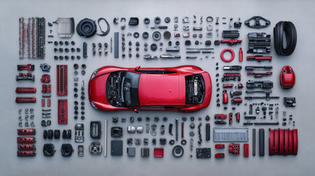 This image features a stunning red sports car laid out with various automotive parts and accessories, emphasizing the intricate design and engineering of the vehicle and its components.の素材