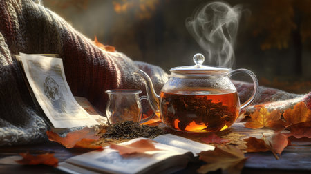 Embrace the essence of autumn with this serene still life depicting a steaming teapot, colorful leaves, and cozy books, perfect for evoking warmth and relaxation in any setting.の素材
