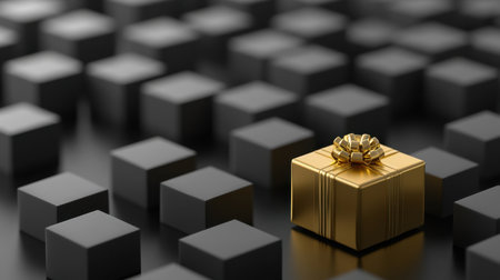 A stunning golden gift box with a ribbon stands out among black cubes, creating a striking visual contrast ideal for special occasion themes and festive celebrations.の素材