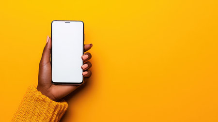 A hand showcasing a smartphone with a blank screen against a vibrant yellow background, ideal for concepts in technology, communication, or advertising visual content.の素材