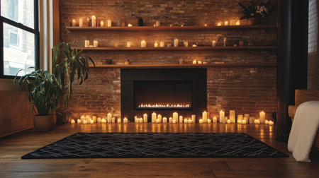 A warm living room scene featuring a modern fireplace surrounded by numerous candles, creating a cozy and inviting atmosphere perfect for relaxation and gatherings.の素材