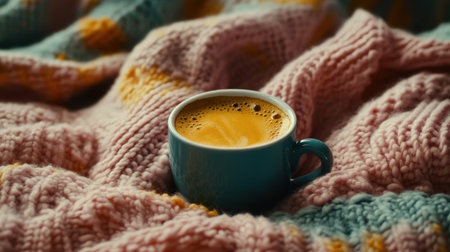 A cozy scene featuring a warm cup of coffee elegantly placed on a soft, knitted blanket, creating an inviting atmosphere perfect for relaxation and enjoyment.の素材