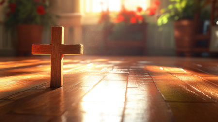 A wooden cross rests on a polished floor, illuminated by gentle sunlight, creating a tranquil and serene environment, perfect for themes of faith and spirituality.の素材