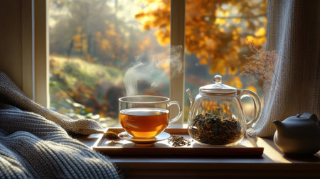 Enjoy a serene autumn morning with hot tea in transparent cups and a teapot. Golden leaves outside the window provide a peaceful backdrop for relaxation.の素材