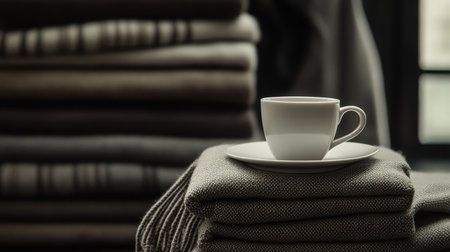 Embrace the soothing ambiance of a cozy living space with a white coffee cup resting on a textured blanket, surrounded by soft textiles and natural light.の素材