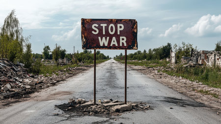 A weathered sign reading "Stop War" stands on a deserted road, flanked by wild greenery and remnants of a devastated area, evoking a powerful message of peace in a troubled landscape.の素材
