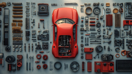 Explore a meticulously arranged flat lay image featuring a classic red car surrounded by various engine parts and automotive accessories, showcasing detail and craftsmanship.の素材