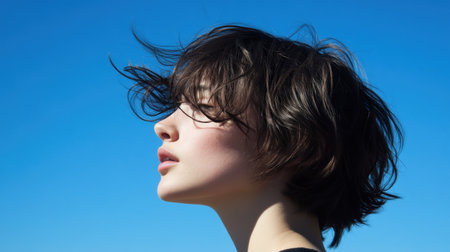 A captivating portrait of a young woman with short hair gently blowing in the wind, set against a clear blue sky, evoking feelings of peace and natural beauty.の素材