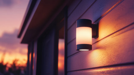 A serene outdoor wall light enhances the beauty of a modern house at dusk, casting a warm glow that invites a peaceful evening ambiance in the residential area.の素材