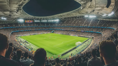 A vibrant football match captured from above with an enthusiastic crowd, bright lights illuminating the stadium, and an electric atmosphere creating an unforgettable sports experience.の素材