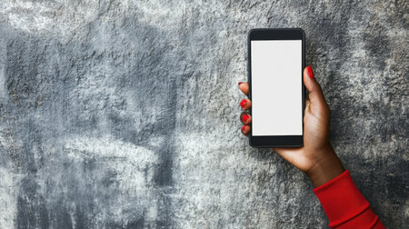 A close-up view of a hand holding a smartphone with a blank screen against a textured gray wall, perfect for digital mockup designs, app presentations, and creative marketing visuals.の素材