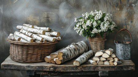 A charming arrangement featuring birch logs and a beautiful bouquet of white flowers in rustic baskets, creating a warm and inviting atmosphere perfect for home decor.の素材