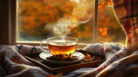 A tranquil scene featuring a steaming cup of tea on a cozy blanket by a sunlit window, surrounded by autumn leaves, perfect for moments of relaxation and comfort.の素材