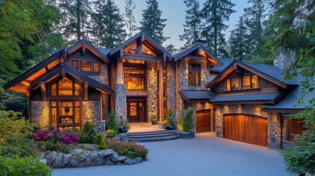 A beautiful contemporary home surrounded by lush trees, showcasing stunning architecture and inviting lighting. Ideal choice for serene residential imagery.の素材