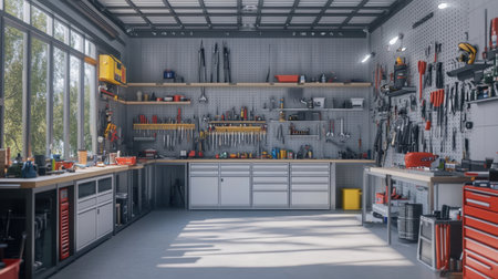 A bright and organized workshop space showcases various tools and equipment, perfect for DIY projects, crafting, and home improvement activities in a practical and efficient environment.の素材