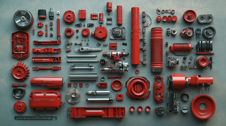 This vibrant display features an array of red mechanical parts and components intricately arranged on a textured surface, ideal for industrial or artistic projects.の素材