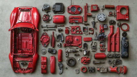 A visually striking arrangement of disassembled parts from a red sports car, showcasing intricate details of automotive design and engineering in a high-angle composition.の素材