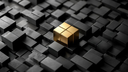 A stunning golden cube stands out amidst a sea of dark geometric blocks, emphasizing a beautiful contrast of light and shadow in a minimalist and contemporary design.の素材