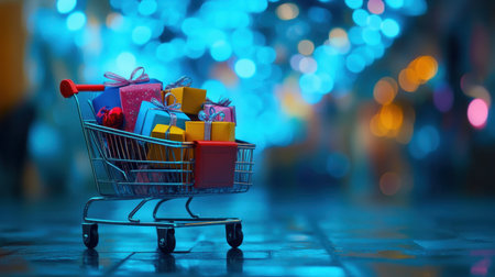 A vibrant shopping cart filled with colorful gift boxes, set against a dreamy blue bokeh background, perfectly capturing the spirit of holiday festivities and cheerful shopping experiences.の素材