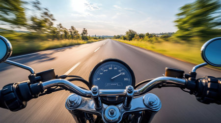 Experience the thrilling sensation of a motorcycle journey on a scenic road, highlighting the beauty of nature and the freedom of the open countryside under a vast sky.の素材