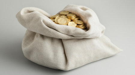 A soft fabric bag overflowing with gleaming gold coins symbolizes wealth and prosperity, perfect for themes of finance, savings, and abundance in a stylish, minimalist design.の素材